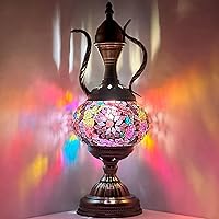 SILVERFEVER Mosaic Turkish Teapot Lamp Moroccan Glass for Table Desk Bedside Bronze Base Bundle with E12 Light Bulb (Mauve Flower)