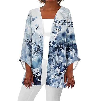 Generic Kimono Cardigans for Women 2024 Summer Floral Print Draped Open Front with Long Puff Sleeve Cruise Outfits
