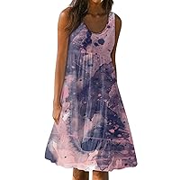 Sundresses for Women,Womens Cute Print Crewneck Sleeveless Summer Dresses Pleated Flowy Tank Dresses with Pockets