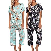 GREGG 1/2 Pack Womens Pajama Set Short Sleeve Sleepwear Tops with Long Pants Pjs Lounge Sets Casual Loungewear with Pockets