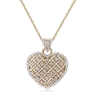 Stunning 1.00 ct Natural Round and Baguette Diamond 925 (Yellow Gold Plated) Silver Heart Necklace