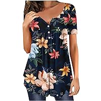 Women Summer Tunic Tops 2024 Fashion Floral Print Short Sleeve Henley T Shirts Casual Loose Pleated Flowy Hide Belly Blouses