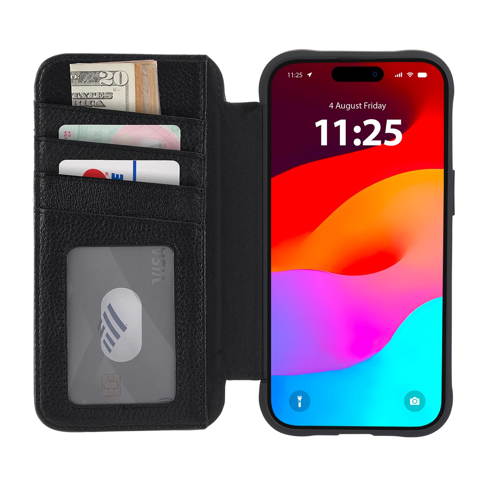 Case-Mate Wallet Folio iPhone 15 Case - Black [12ft Drop Protection] [Compatible with MagSafe] Magnetic Flip Folio Cover Made with Genuine Pebbled Leather, Landscape Phone Stand, Cash and Card Holder