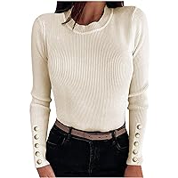 Women's Button Trim Long Sleeve Ribbed Knit Tops Slim Crew Neck Stretch Casual Jumpers Pullover 2023 Fall Sweaters