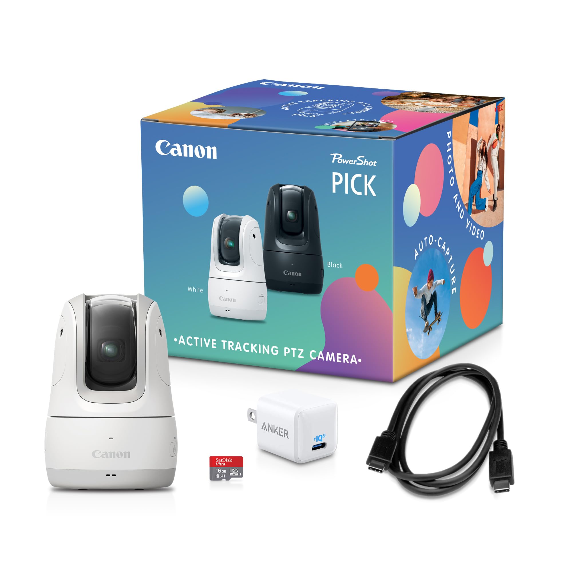 Canon PowerShot Pick, Active Tracking PTZ Camera (White) - Built-in Wi-Fi, USB-C Charging, Voice-Activated Operation, Automatic Subject Tracking, Remote Shooting & Playback, Portable, Lightweight