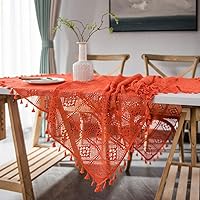 Orange Plaid Embroidered Tablecloth with Tassels Boho Handmade Crochet Square Table Cloth Lace Kitchen Dinning Table Desk Cover for Wedding Party Decor, 55