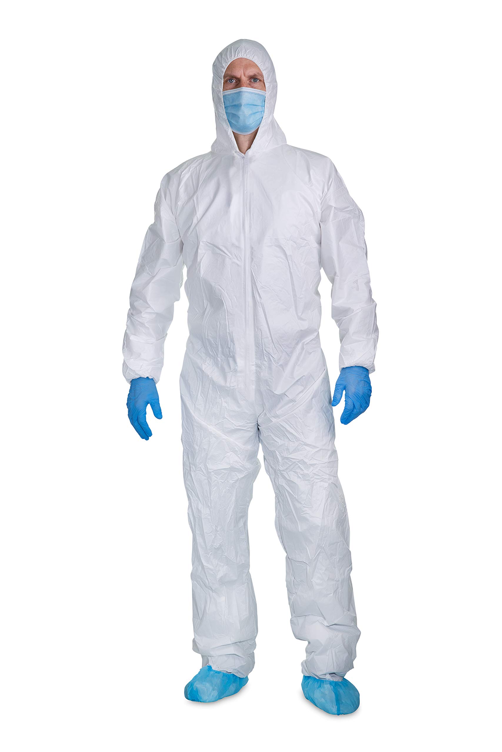 Disposable Coveralls with Hood | White | 5 Pack | Extra Large (XL) | Protective Tyvek Coverall Suit