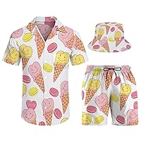 Men's Shirts And Shorts Set 3 Piece Button Down Vacation Casual Print Sets Beach Fishermans Hat Suit