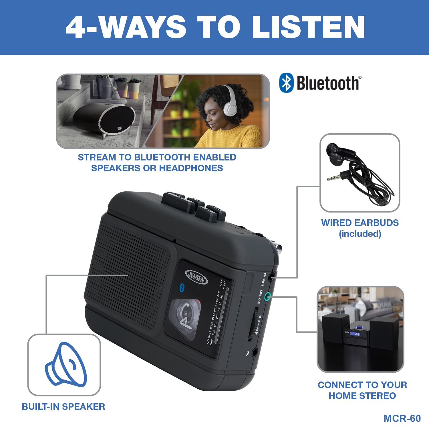 JENSEN MCR-60 MCR-60 Portable Personal Cassette Player/Recorder with AM/FM Radio, Bluetooth, and Earbuds, Black