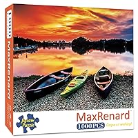 MaxRenard Sunset Scenery Jigsaw Puzzle 1000 Pieces for Adults Canoe at Wetland During Sunset Canoe Lake Home Decoration Challenge Game Gift