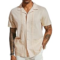 PJ PAUL JONES Mens Casual Button Down Shirts Linen Cuban Guayabera Beach Shirt