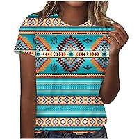 Womens Western Ethnic Style T-Shirts Summer Short Sleeve Geometry Printed Tunic Tops Vintage Graphic V Neck Blouse