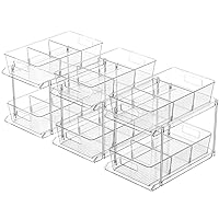 Pull-out Home Organizer, 3 Pack 2 Tier Clear Bathroom Organizer with Dividers, Multipurpose Vanity Counter Tray, Kitchen, Closet Organizers, Cabinet & Storage Container Bins