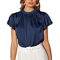 Maysoar Satin Tops for Women Frill Mock Neck Silk Blouse Casual Butterfly Sleeve Shirt