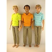 Set of 3 Ken Doll Outfits Tan Pants with Super Fun Colored Short Sleeve Polo Shirts 6 Pcs of Clothing