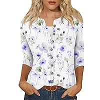 Trendy Summer Tops for Women 2024 New Print Button Down Shirts 3/4 Length Sleeve Cardigan Top with Design