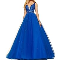 Sexy Deep V Neck Shinning Luxury Beaded Bodice Puffy Royal Blue Prom Dresses