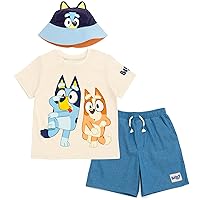 Bluey T-Shirt Chambray Shorts and Twill Bucket Sun Hat 3 Piece Outfit Set Toddler to Big Kid