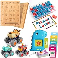Wooden Letters Practicing Board+Magnetic Letters 208 Pcs+Friction Powered Cars 3PCS+Toddler Learning Flashcards