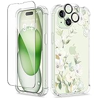 GVIEWIN 3 in 1 Designed for iPhone 15 Plus Case 6.7 Inch, with Screen Protector + Camera Protector Clear Flower [Not-Yellowing] Shockproof Women Slim Phone Cover, 2023 (Hibiscus/Green)