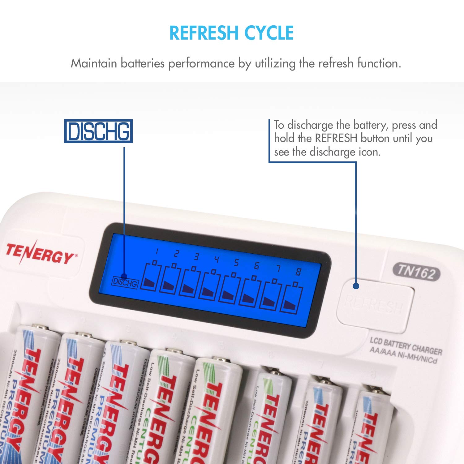 Tenergy TN162 8-Bay Smart LCD Battery Charger for Rechargeable AA/AAA NiMH/NiCd Batteries