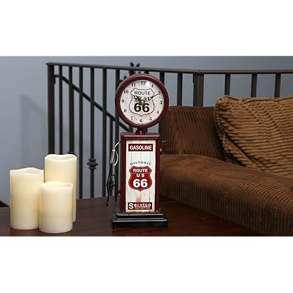 Lily's Home Old Fashioned Route 66 Gas Pump Mantle Clock, Silent-Non-Ticking with Quartz Movement, Makes an Ideal Gift for Antique Sign Collectors, Brown/Red (13 1/2