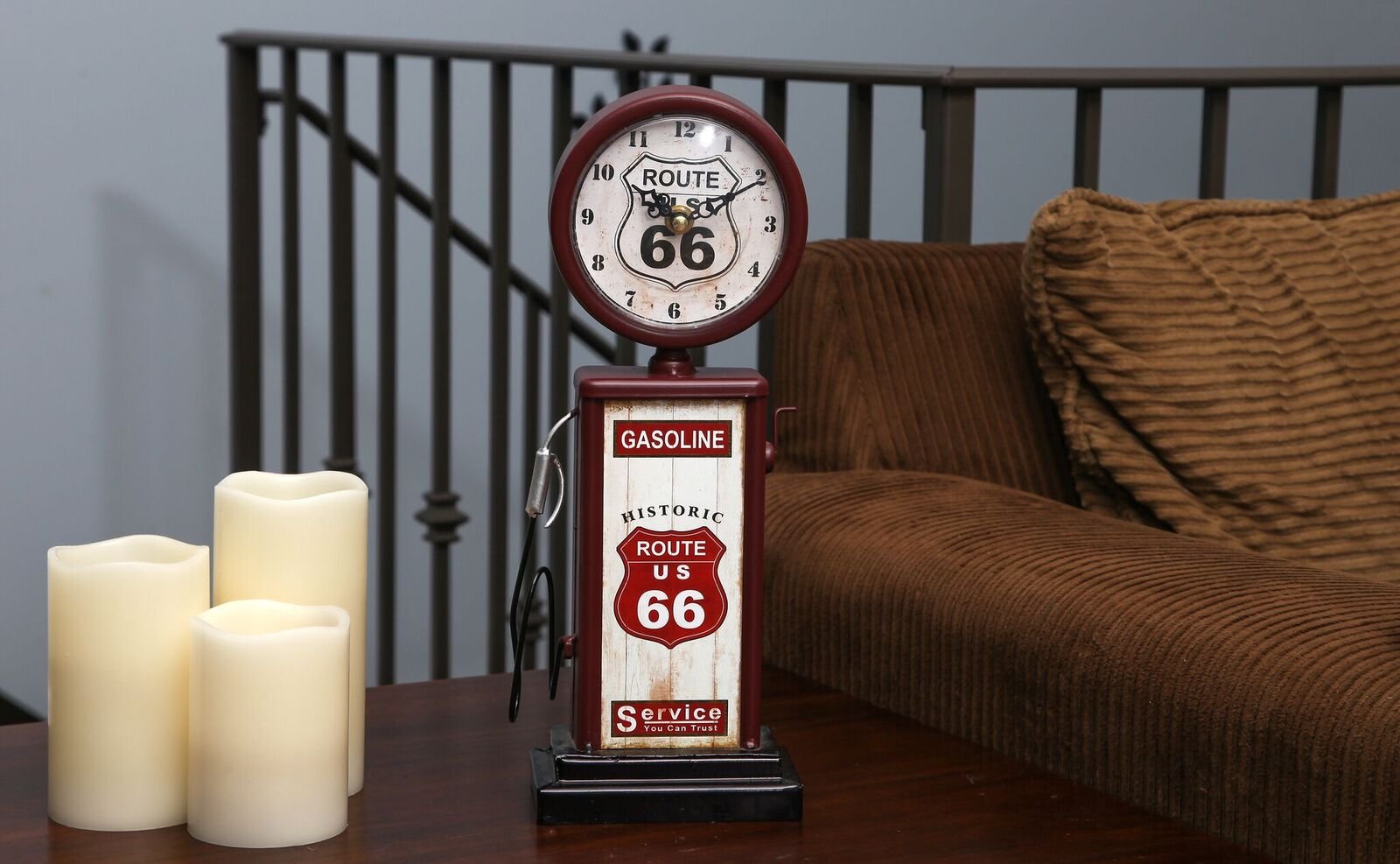 Lily's Home Old Fashioned Route 66 Gas Pump Mantle Clock, Silent-Non-Ticking with Quartz Movement, Makes an Ideal Gift for Antique Sign Collectors, Brown/Red (13 1/2