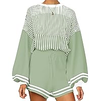 Flygo Womens Knit Striped 2 Piece Outfits Crewneck Pullover Sweater Shorts Set Wide Leg Matching Set Loungewear