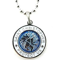 St. Christopher Surf Medal Necklace Pendant, Protector of Travel am/wh Aquamarine/White Small