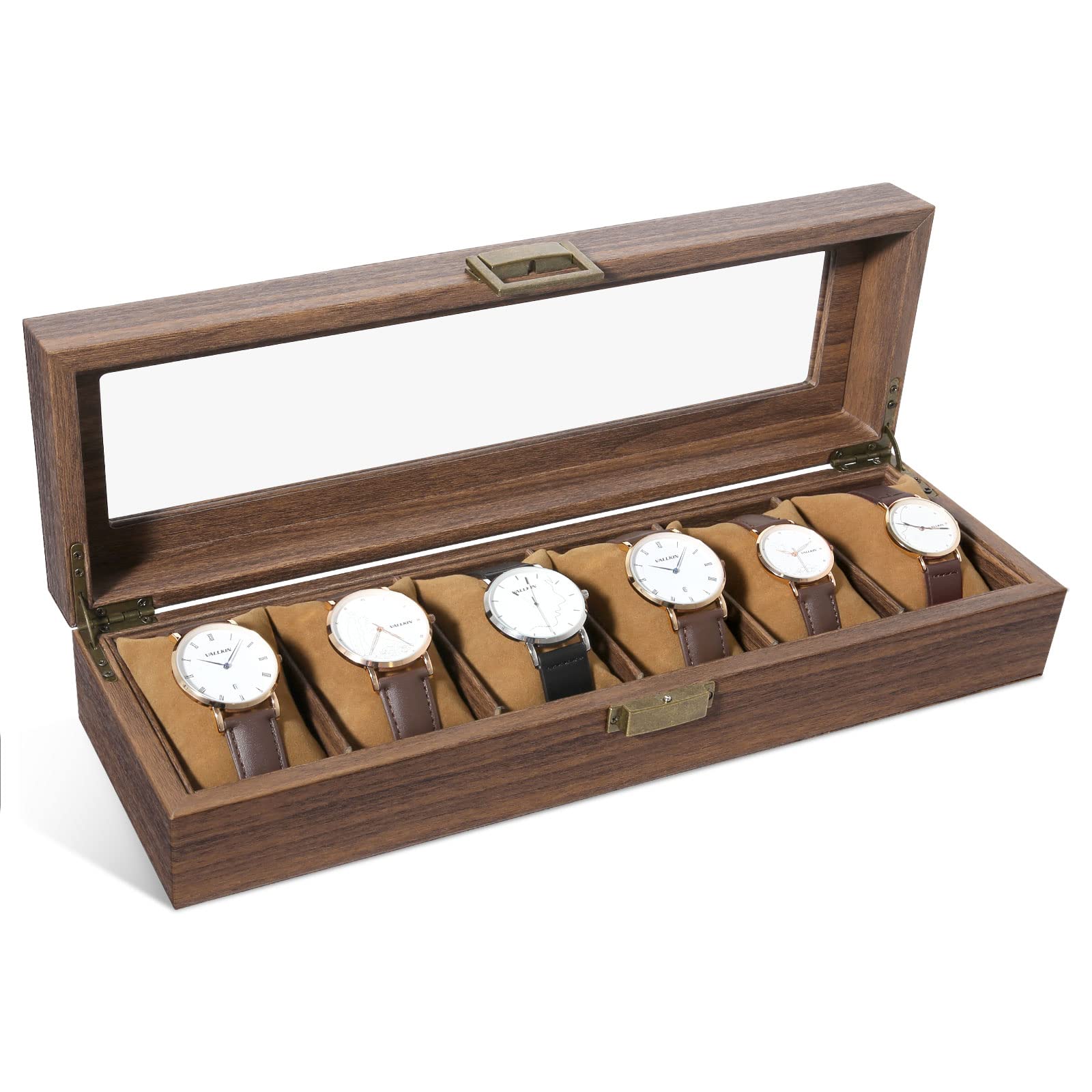 Uten Watch Box with 6 Slots, Watch Case Organizer with Real Glass Lid, Wood Grain PU Leather Watch Display Storage Box with Removable Imitation Suede Watch Pillows, Metal Clasp, Gift for Men and Women
