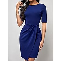 Dresses for Women Solid Wrap Hem Dress (Color : Navy Blue, Size : X-Small)
