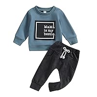 Karwuiio Toddler Baby Boy Girl Clothes Fall Winter Outfits Letter Printed Long Sleeve Sweatshirt Tops Pants 2Pcs Clothes Set