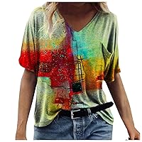 Womens Summer Tops 2023 Casual Dressy Short Sleeve V Neck T Shirts Trendy Floral Graphic Tee Blouse Cute Workout Tops