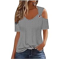 Summer Tops for Women 2024 Sexy V Neck Off The Shoulder T Shirts Casual Loose Eyelet Embroidery Short Sleeve Blouses