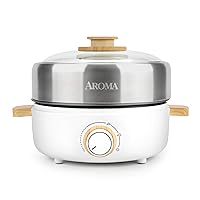 Aroma Housewares AMC-130 Whatever Pot, Indoor Grill, Cooking, Hot Pot with Glass Lid, Bamboo Handles, 2.5L, Stainless Steel/White