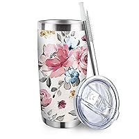 Floral Flowers Tumbler with Lid and Straw, Rose Peony Stainless Steel Travel Coffee Cup, Birthday Mug Gifts for Women, 20oz Spring Summer Double Wall Vacuum Insulated Tumbler
