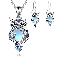 LUHE Moonstone Owl Necklace and Earrings Jewelry Set Gifts Sterling Silver Filigree Owls Jewelry for Women Girls