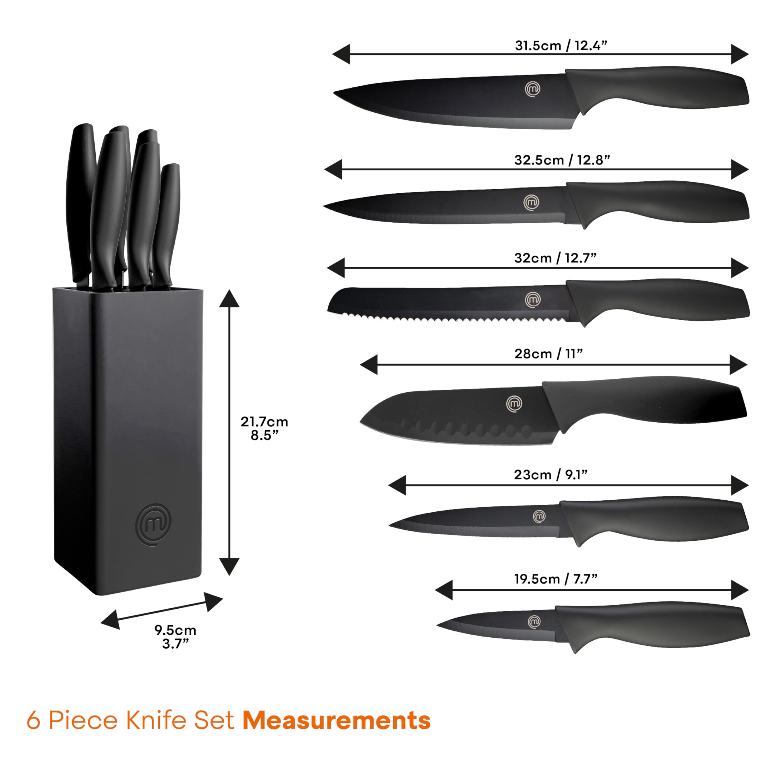 MasterChef Knife Block Set of 6 Kitchen Knives, Extra Sharp Stainless Steel Blades for Professional Cutting with Non Stick Coating & Soft Touch Easy Grip Handles in a Universal Block, Essential Black
