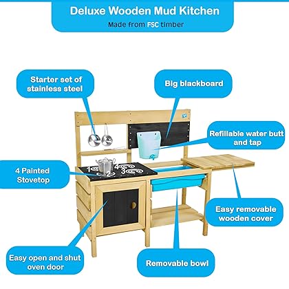 TP Toys, Deluxe Wooden Mud Kitchen for Boys and Girls Ages 3-8 | Kids Outdoor Kitchen Playset with Sand and Water Pan, Play Sink, and Kitchen Accessories | Fun Backyard Pretend Play for Toddlers.