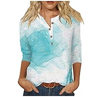 3/4 Length Sleeve Summer Tops for Women Floral Graphic Tees Trendy Button Down Shirts Dressy Casual Crew Neck Blouses