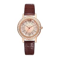 Lancardo Women Analog Quartz Watch Leather Band Bling Rhinestone Bezel Round Dial Rose Gold Dial Vintage Wrist Watch
