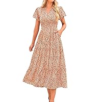 Summer Floral Ruffles Dresses for Women 2024 V-Neck Puff Sleeves Print Dress Trendy High Waist Smocked Maxi Wedding Dress