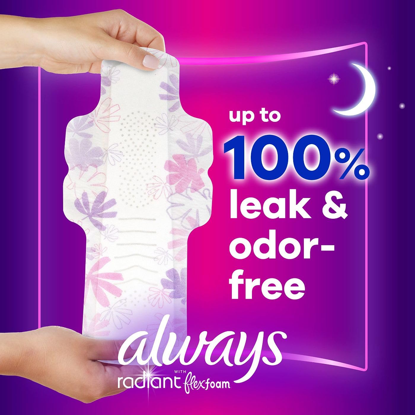 Always Radiant Overnight Feminine Pads for Women, Size 4 for Nighttime, with Wings, Scented, 60 CT