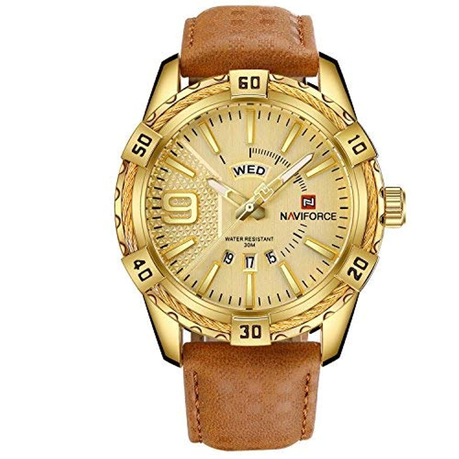 NAVIFORCE Luxus Sport Quarz Kalender Watch Gold Große Gesicht wasserdichte Leder Uhren für Männer