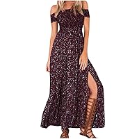 Off The Shoulder Dresses for Women Summer Boho Floral Print Short Sleeve Side Split Maxi Dress Pleated Flowy Long Dress