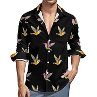 Hummingbird Embroidery Men's Button Down T Shirts Long Sleeve Casual Hawaiian Shirt Pocket Print Top