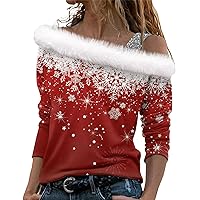 Women Asymmetrical Off Shoulder Sweatshirts Xmas Long Sleeve Tops Trendy Graphic Shirts Casual Daily Clothes
