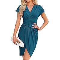 JASAMBAC Work Bodycon Dress Evening Gown Party Dresses Women Wear to Work Dress Peacock Blue V Neck Wrap Smocked Summer Dresses