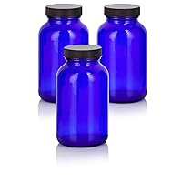 17 oz Cobalt Blue Glass Packer Bottle with Black Ribbed Lid (3 pack)