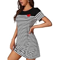 MARZXIN Regular Sleeve Dress Round Neck Striped Heart Print Striped Print Tee Dress Short Dress